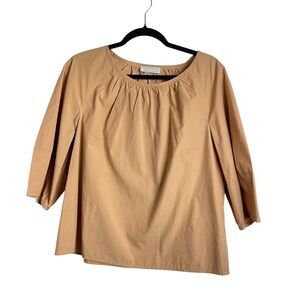 Everlane Blouse Womens Medium Tan Brown 3/4 Sleeve Relaxed Top Pullover Cotton